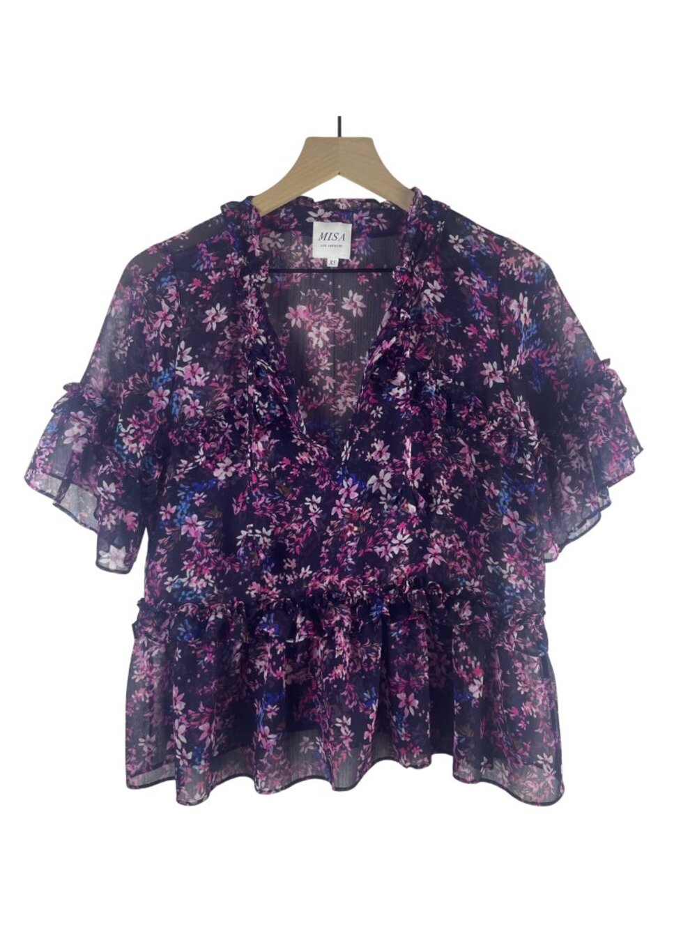 Misa Los Angeles XS Floral Sheer Ruffled Top With Peplum Hem In Purple & Pink